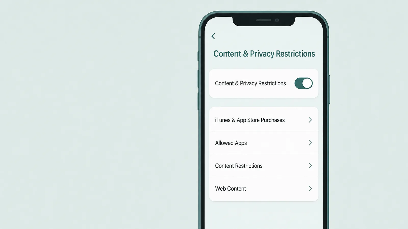 content-privacy-restrictions Màn hình Content & Privacy Restrictions trên iOS với công tắc đang bật và các hàng hạn chế