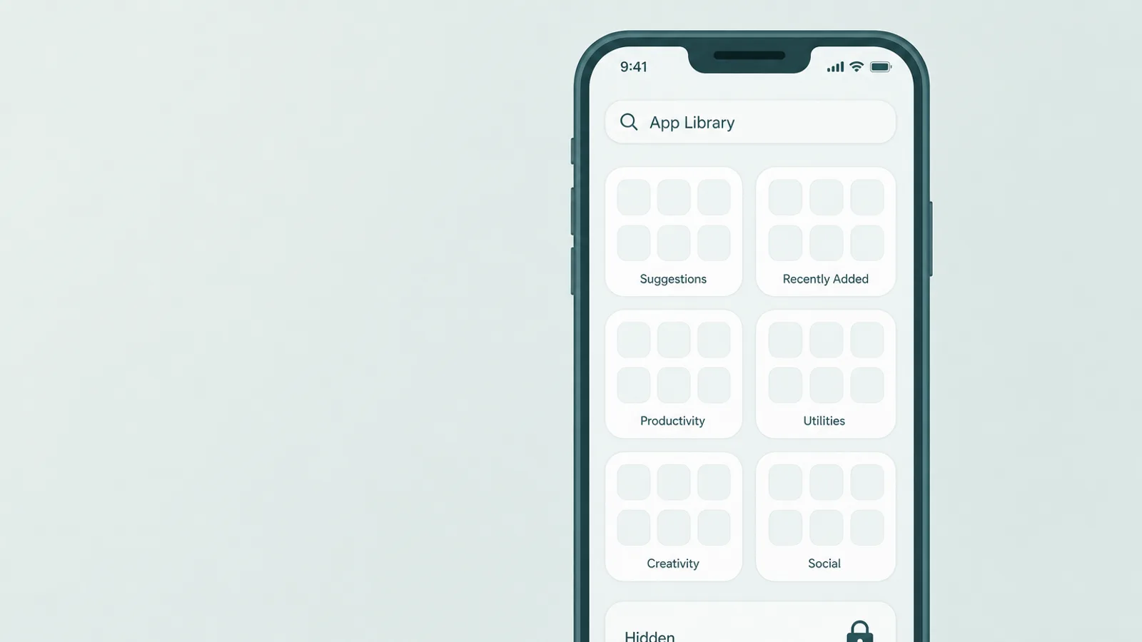 Màn hình App Library với thư mục Hidden bị khóa ở cuối yêu cầu Face ID
