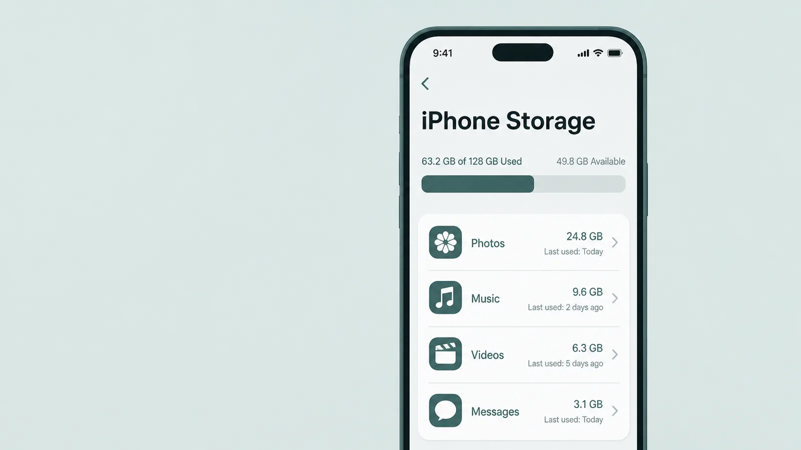 Màn hình cài đặt iPhone Storage liệt kê các ứng dụng đã cài đặt với kích thước và ngày sử dụng cuối cùng