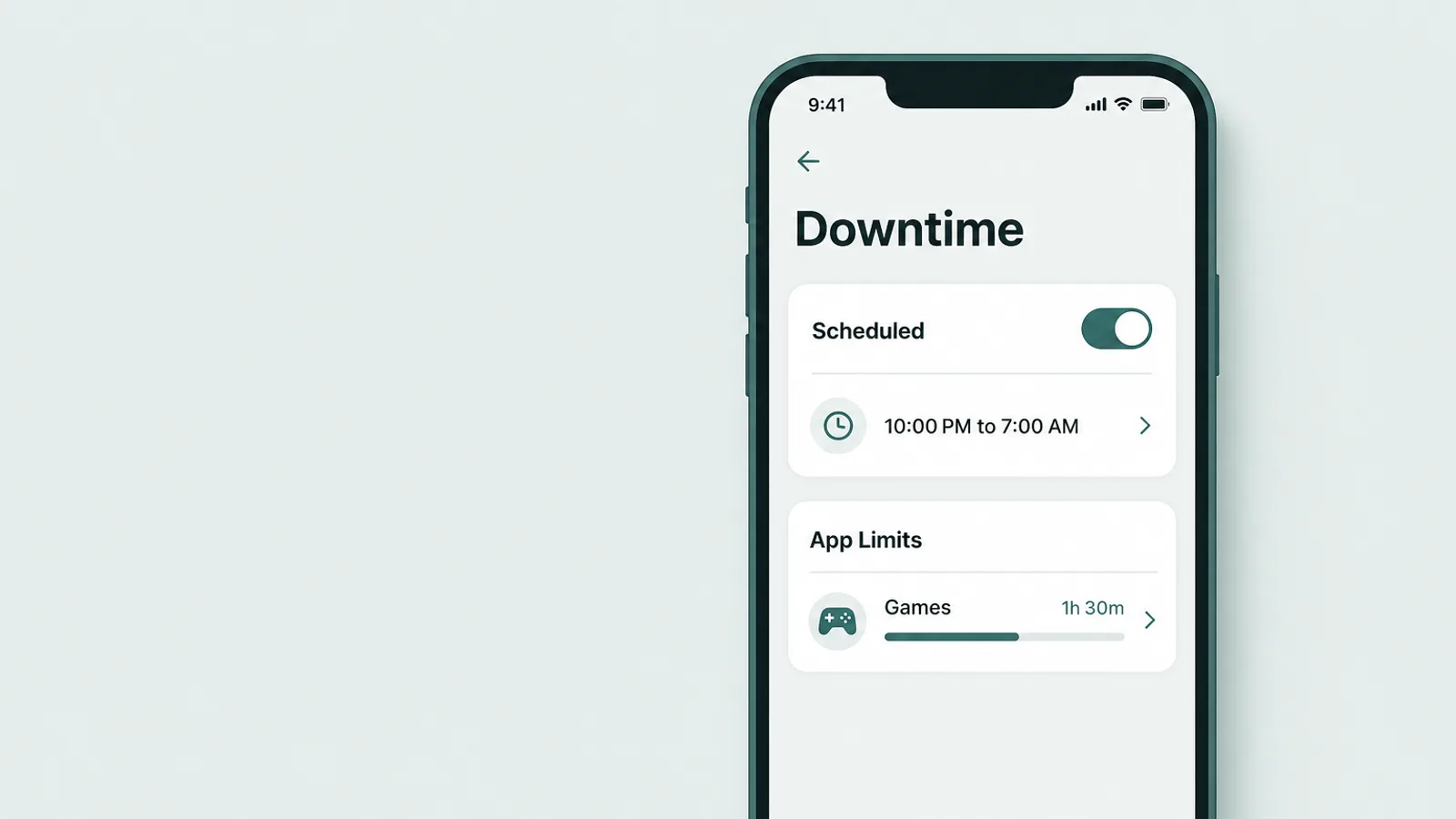 time-limits Màn hình Downtime trên iOS hiển thị một khoảng thời gian đã lên lịch và một thẻ App Limits