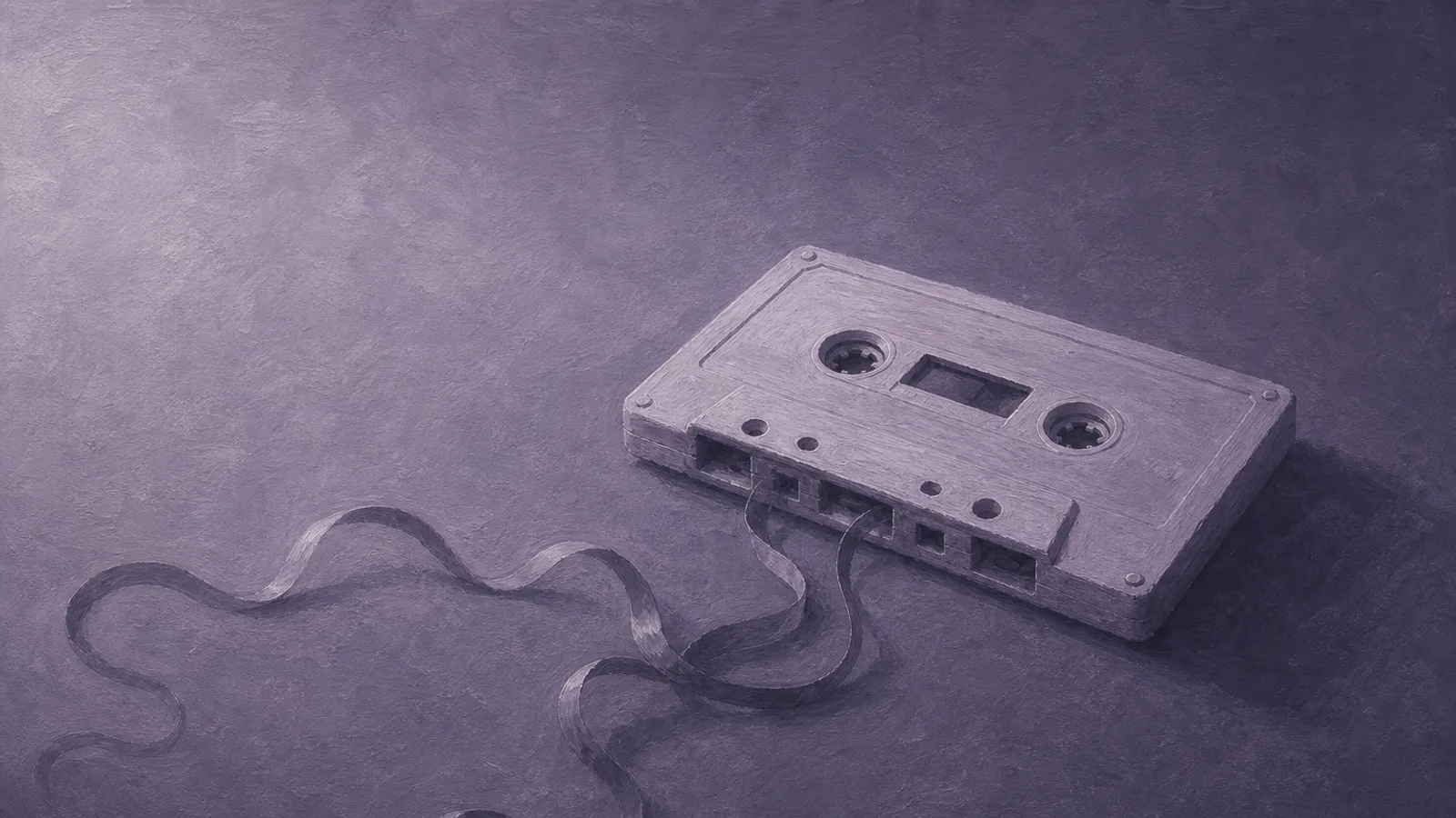 Một cuộn băng cassette đang tở ra, dải băng trôi ra khỏi mép trang giấy